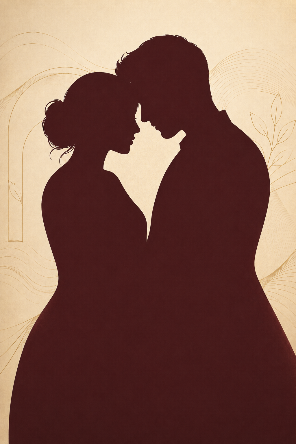 Ilustração de um casal em silhueta, testa com testa